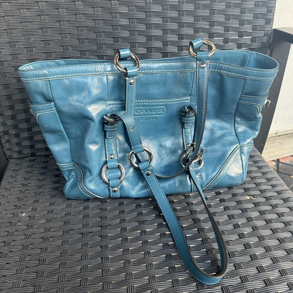 Coach Blue Quilted Leather Tote with Silver Hardware